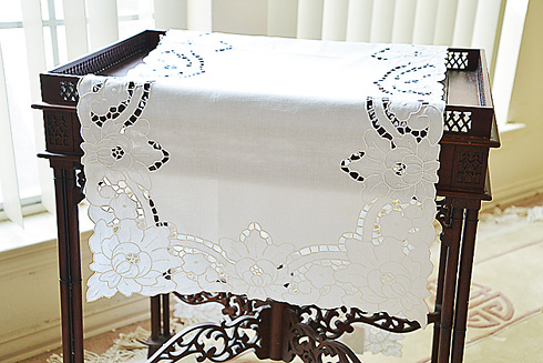 Fancy Hand Embroidery Grace Style Table Runner. 18" x 72". White - Click Image to Close